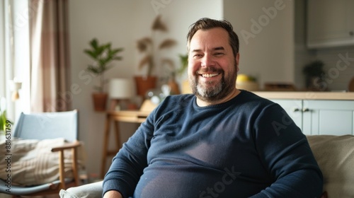 Fat lazy man on sofa at home wearing warm sweater. Disappointment and gain.