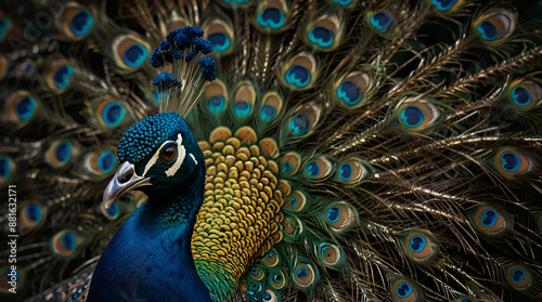 Real peacock illustration, showing its vibrant, detailed plumage generative ai, generative.ai
