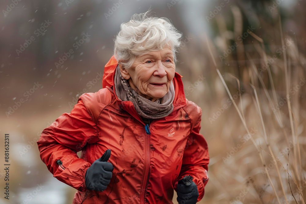woman in a red jacket is running in the snow. She is smiling and she is enjoying herself woman in a red jacket is running in the snow. She is smiling and she is enjoying herself