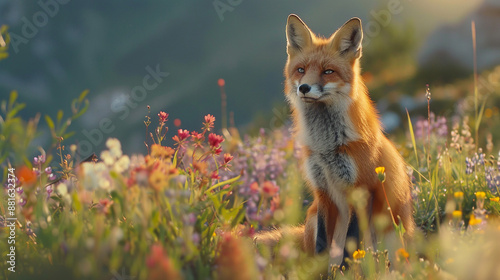 A charming red fox sitting in a field of wildflowers, blending into its natural environment