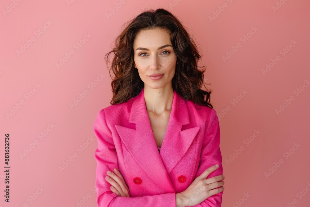 A professional-looking woman in a bright pink suit jacket poses confidently against a pink background A professional-looking woman in a bright pink suit jacket poses confidently against a pink background