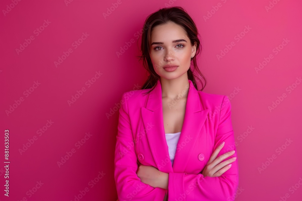 Fototapeta premium A professional-looking woman in a bright pink suit jacket poses confidently against a pink background