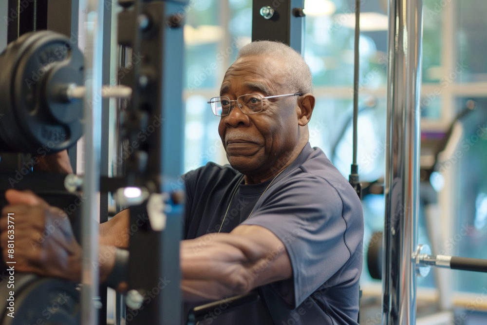 man in glasses is working out with a weight machine. He looks tired and is sweating. Concept of hard work and dedication to fitness man in glasses is working out with a weight machine. He looks tired and is sweating. Concept of hard work and dedication to fitness