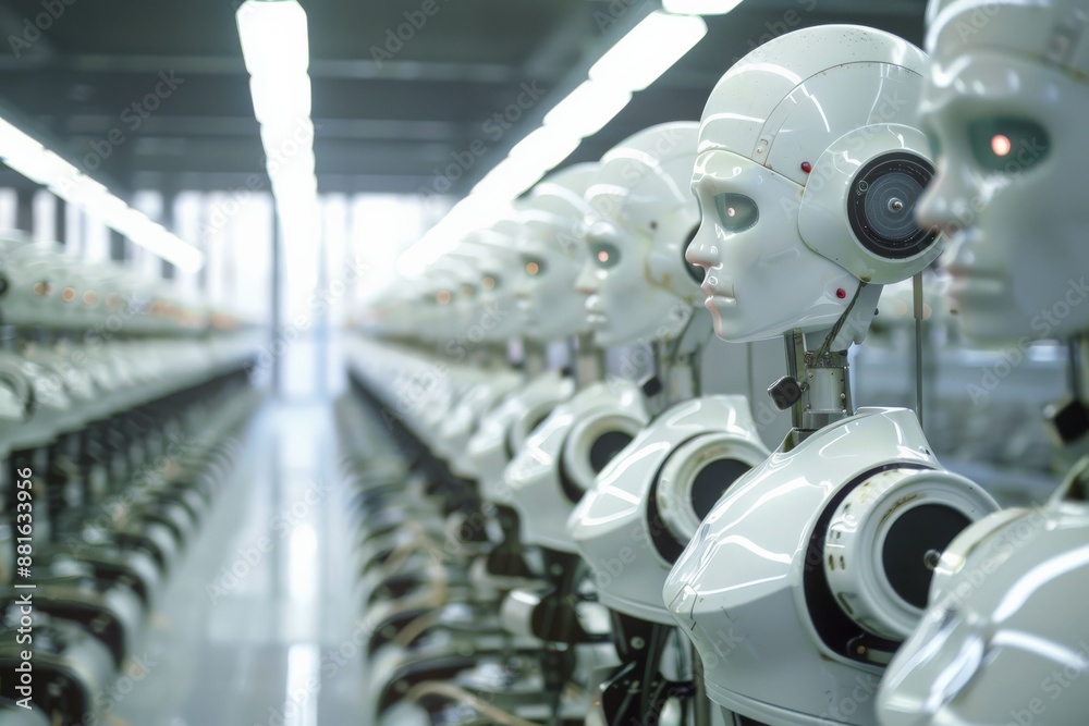 Row of Humanoid Robots in a Factory. Row of Humanoid Robots in a Factory.