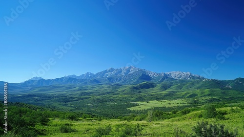 Peaceful mountain background with a clear blue sky photo