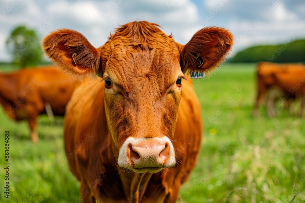Closeup of a brown cow in a field. Closeup of a brown cow in a field.