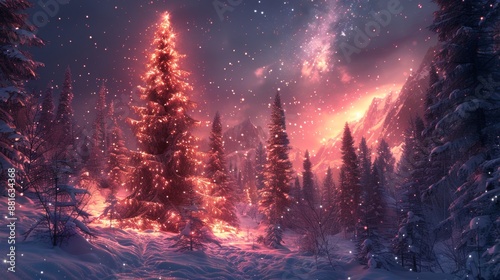 Winter Wonderland with Illuminated Tree - Generative AI