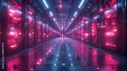 Futuristic Data Center Corridor with Pink Neon Lights - Generative AI © studio clever