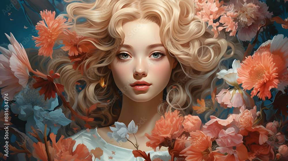 Blond Woman Surrounded by Flowers Illustration Blond Woman Surrounded by Flowers Illustration