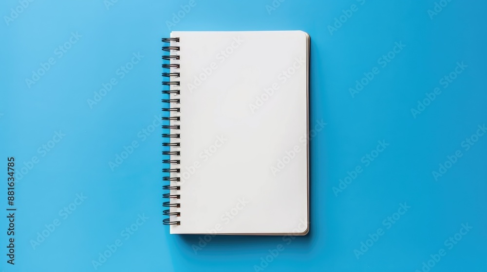 Open spiral notebook from above on blue backdrop Open spiral notebook from above on blue backdrop