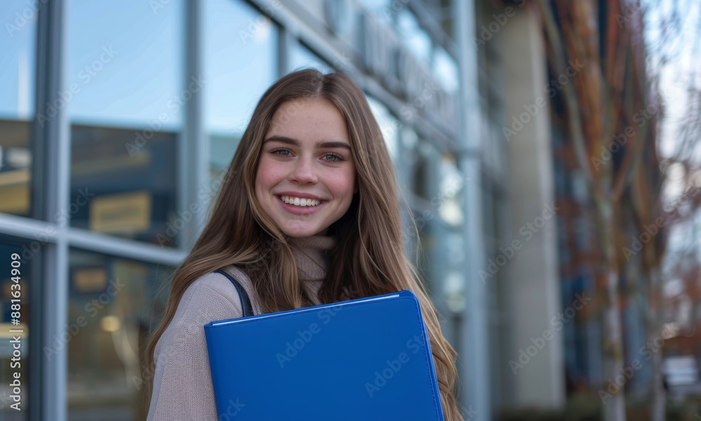 a blonde student woman beams with positivity as she confidently holds a folder, ready to conquer the day with her bright smile. a blonde student woman beams with positivity as she confidently holds a folder, ready to conquer the day with her bright smile.