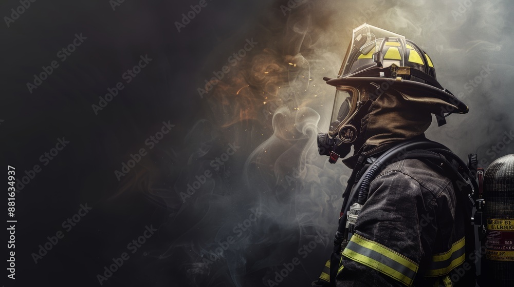 Fototapeta premium Fireman wearing firefighter turnouts and helmet. Dark background with smoke and blue light created.