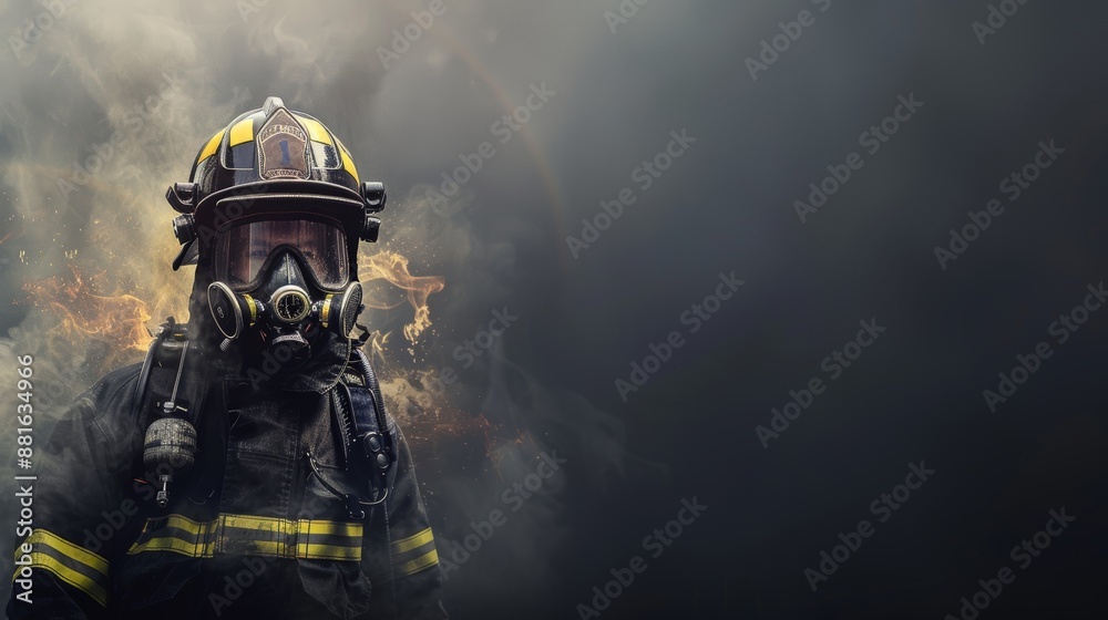Fireman wearing firefighter turnouts and helmet. Dark background with smoke and blue light created. Fireman wearing firefighter turnouts and helmet. Dark background with smoke and blue light created.