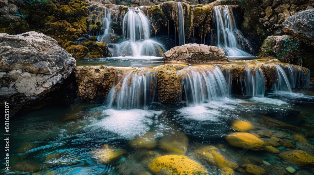 Fototapeta premium Volcanic rocks and crystal clear waterfalls combined in an abstract art piece.