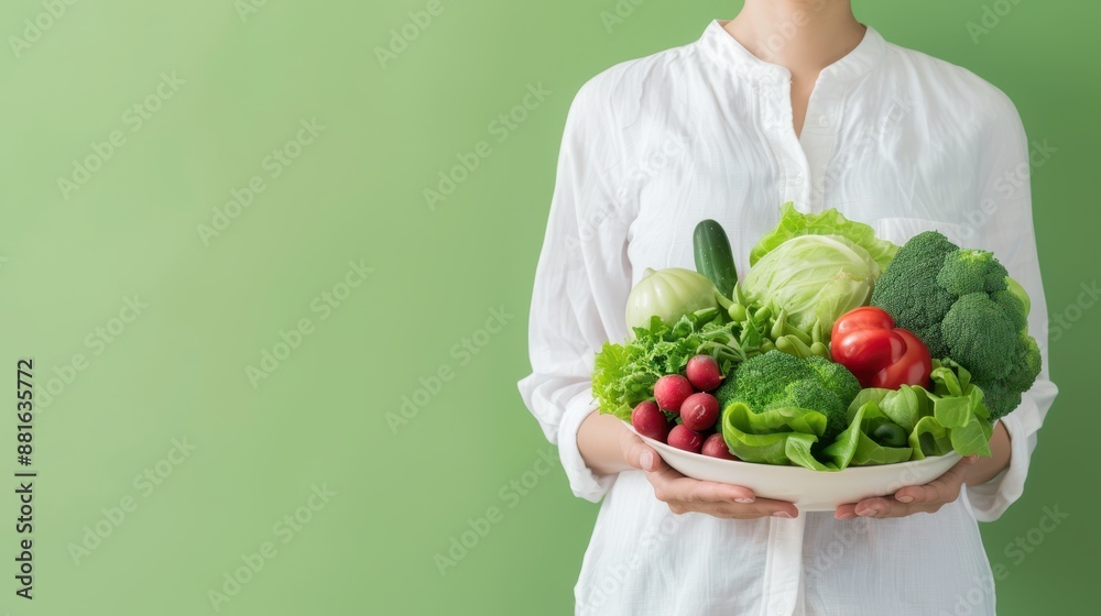 Person in white shirt holding a bowl of assorted fresh vegetables against a light green background. Healthy eating and nutrition concept. Person in white shirt holding a bowl of assorted fresh vegetables against a light green background. Healthy eating and nutrition concept.