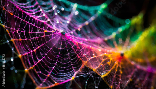 Bright colorful multicolor rainbow thick spiderwebs with dew drops in fairy forest on morning light and black background.	
