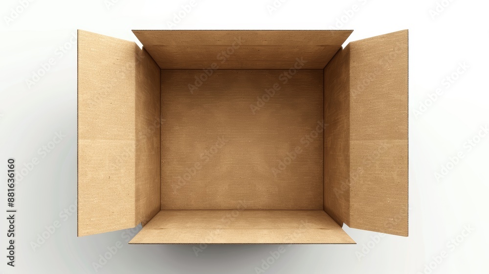 Top view of open cardboard box mockup on white background.