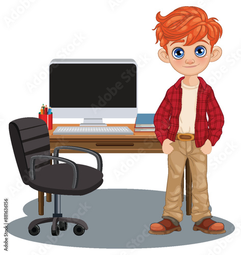 Young boy beside a computer desk