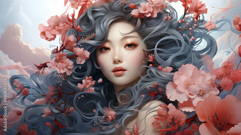 Fantasy Portrait of a Woman with Blue Hair and Pink Flowers Illustration Fantasy Portrait of a Woman with Blue Hair and Pink Flowers Illustration