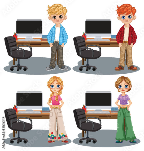 Four children standing by desks with computers