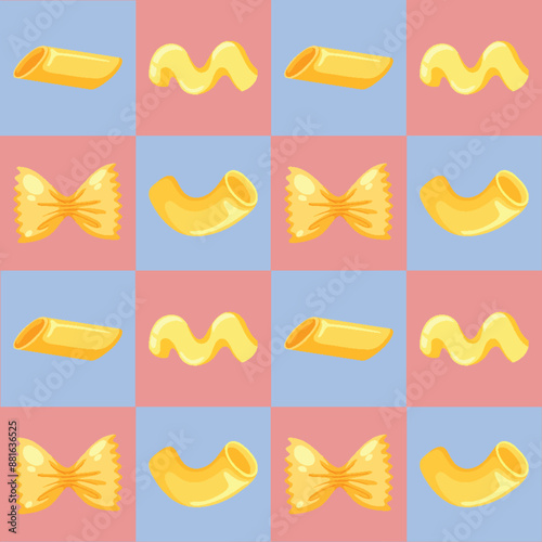 Various pasta shapes on a colorful grid