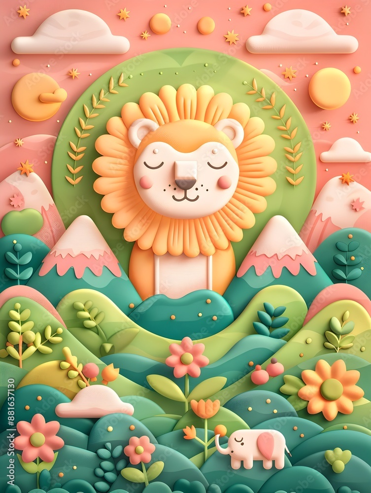 Naklejka premium Whimsical Savanna Landscape with Adorable Lion and Elephant Characters
