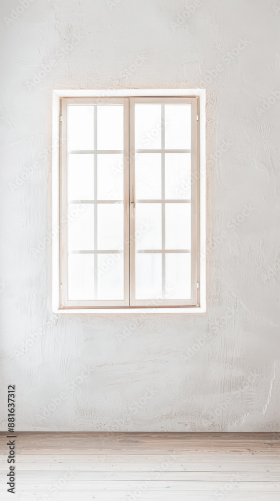 Fototapeta premium Large window filling a room with natural lighting in a minimalist interiors composition. Property interiors design with warm colors, minimal furniture and copy space.