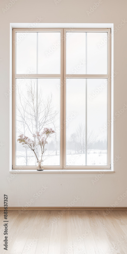 Fototapeta premium Large window filling a room with natural lighting in a minimalist interiors composition. Property interiors design with warm colors, minimal furniture and copy space.