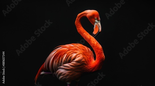 A magnificent flamingo, its plumage shimmering against a somber black canvas, stands tall, its elegance captured in an enchanting portrait.