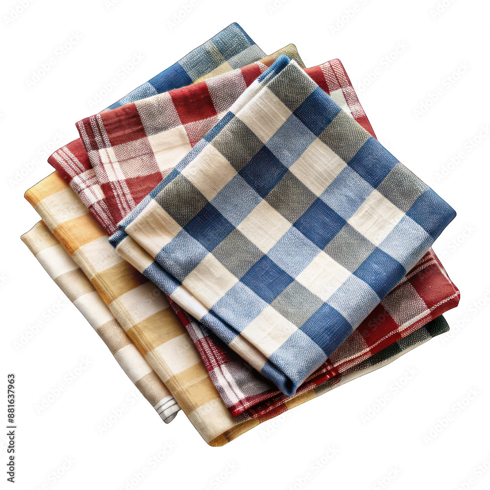 Stack of plaid cotton napkins top view isolated on transparent background Stack of plaid cotton napkins top view isolated on transparent background