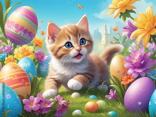 Cute kitten with soft, soft fur and aster eggs. In the colorful flower garden photo