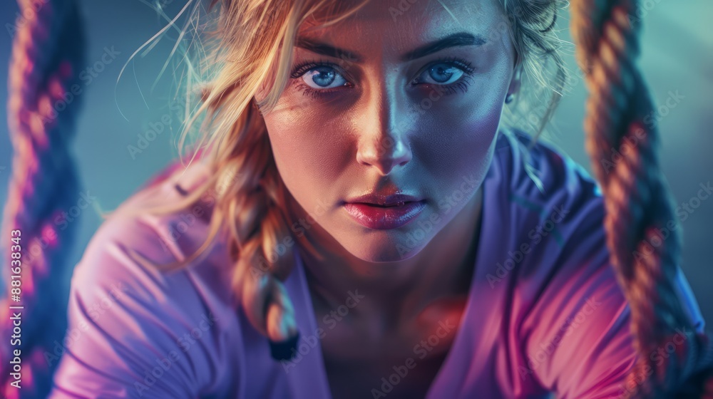 A fat but beautiful blonde European woman works out in the gym, her face is tired and sweaty. A fat but beautiful blonde European woman works out in the gym, her face is tired and sweaty.