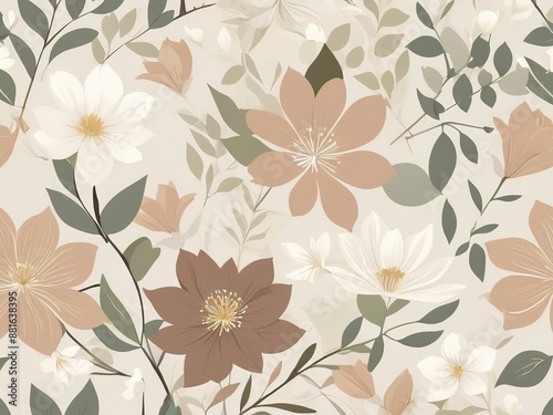 Seamless Pattern: Flowers and leaves have beautiful, soft colors. Vector illustration © Thachakrit