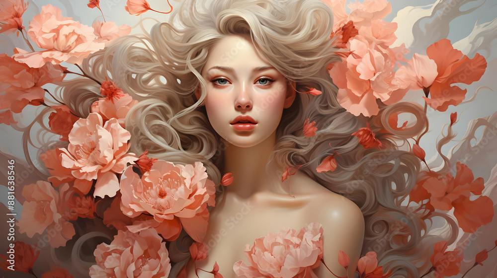 Blond Woman Surrounded by Flowers Illustration Blond Woman Surrounded by Flowers Illustration