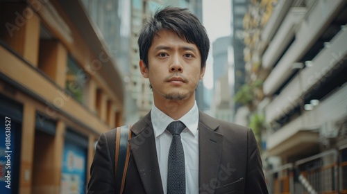 Confident businessman in a suit walking down a city street, surrounded by tall buildings, conveying professionalism and focus.