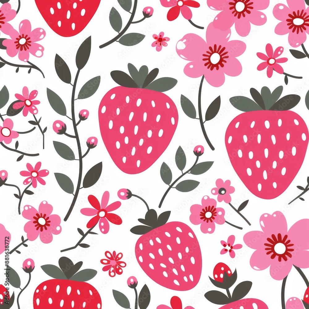 Seamless Pattern of Strawberries and Flowers