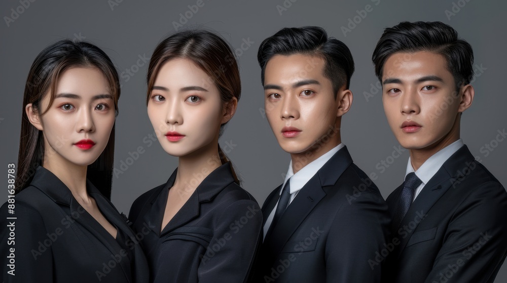 Group of four young professionals in formal suits, posing confidently against a gray background, representing business success. Group of four young professionals in formal suits, posing confidently against a gray background, representing business success.