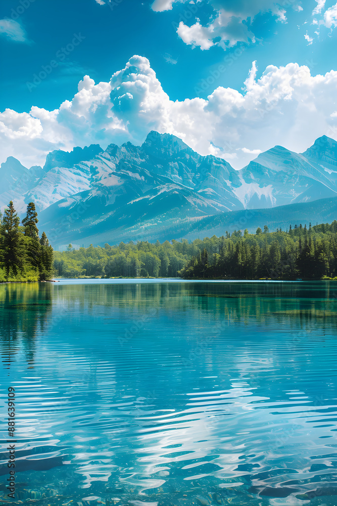 Serenity in Nature: Tranquil Mountain Range and Reflective Lake Under Clear Blue Skies Serenity in Nature: Tranquil Mountain Range and Reflective Lake Under Clear Blue Skies