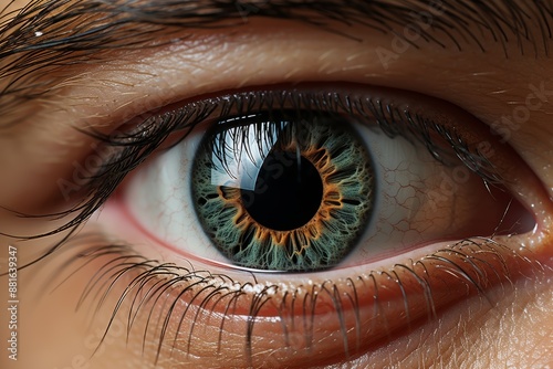 Detailed human eye macro view in vibrant green, white, and orange colors for close up analysis © Matvejs