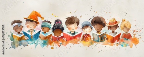 Illustration of diverse children reading books together, each with unique outfits and expressions. Watercolor splashes add a playful and creative touch.