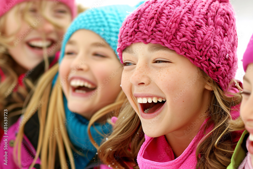 A group of children laughing and enjoying a fun winter day outdoors, dressed in colorful hats and scarves, capturing the joy and energy of childhood friendship in the snow. A group of children laughing and enjoying a fun winter day outdoors, dressed in colorful hats and scarves, capturing the joy and energy of childhood friendship in the snow.