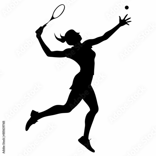 a silhouette of a female badminton athlete in action pose, depicting a slim woman playing badminton sports against an isolated white background (1)