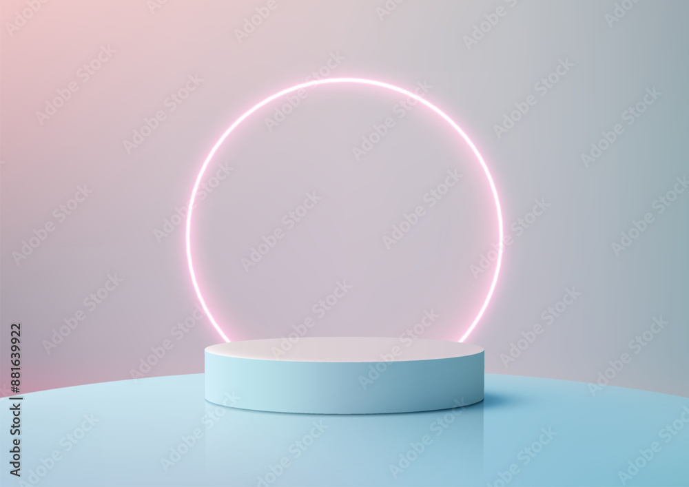 3D Blue Podium with Neon Glowing Pink Circle on Pastel Background, Modern Style for Product Display, Mockup,, Showcase