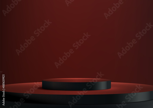 3D Black Podium on Red Background for Modern Product Display, Technology Mockup, and Showcase