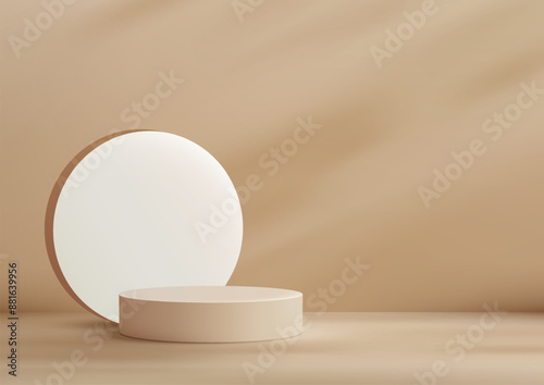 Modern Style 3D Beige Circle Podium with White Circle Backdrop on Beige Background Perfect for Product Display Mockup Showcase