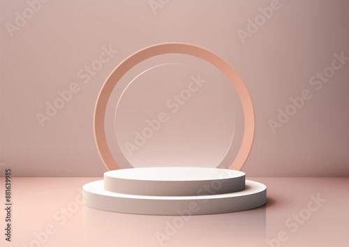 Elegant 3D White Podium with Circular Glass Cutout on Beige Background Perfect for Modern Product Display Mockup