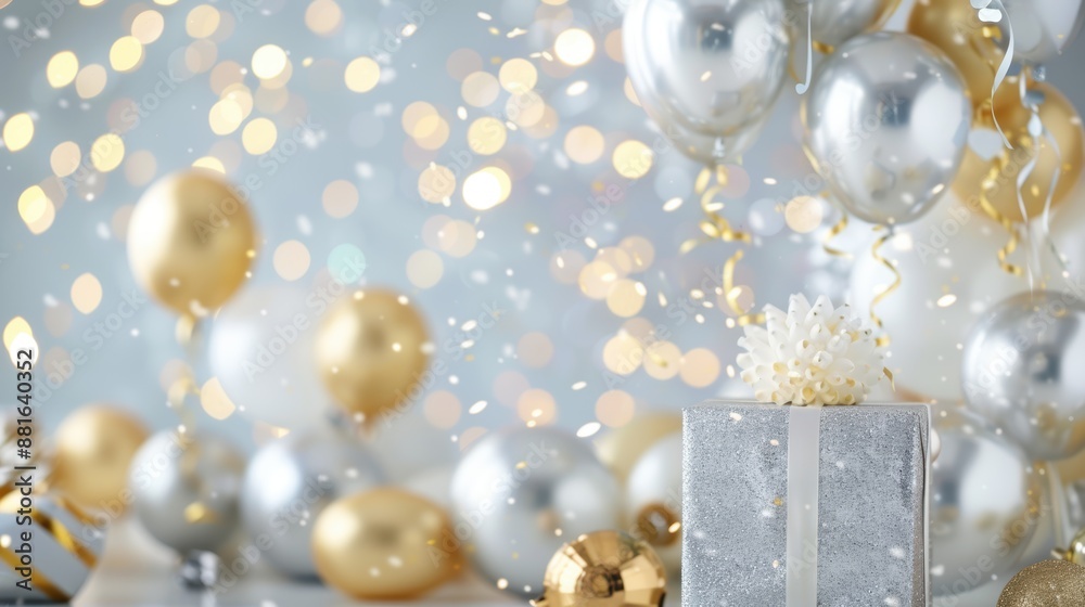 Gold balloons and a gift box with sparkling bokeh lights creating an elegant, celebratory atmosphere. Perfect for birthdays, anniversaries, and festive events. Gold balloons and a gift box with sparkling bokeh lights creating an elegant, celebratory atmosphere. Perfect for birthdays, anniversaries, and festive events.