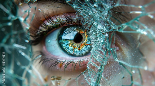 shattered glass motif with fragmented reflections of an eye, capturing the essence of paranoia where reality is perceived through a broken and distorted lens, creating an unsettling atmosphere