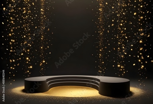 Abstract gold dust powder composition all over an empty monochrome stage set floor background, spotlights focusing light on a emicircular pank sitting, empty photo