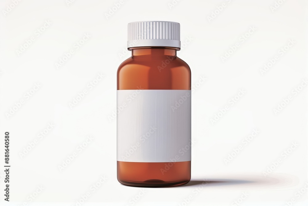 Amber-colored medicine bottle with a blank white label and white cap on a light background. Amber-colored medicine bottle with a blank white label and white cap on a light background.